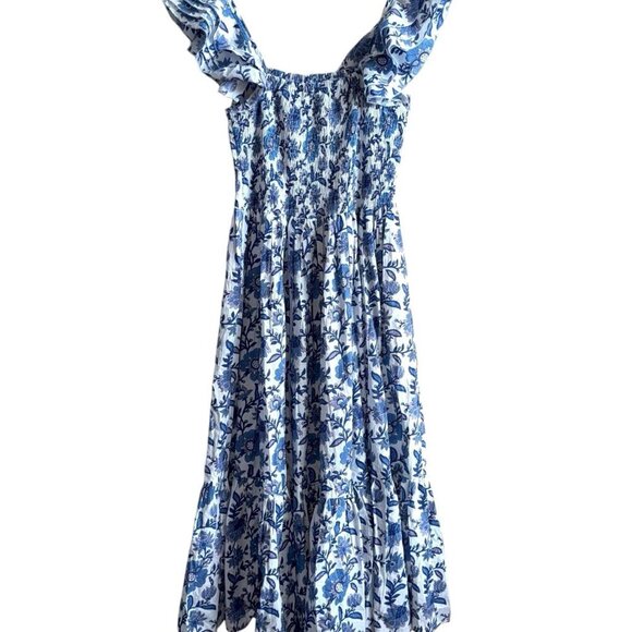 Mille Olympia Smocked Midi Dress Small Floral Blue White Cotton - Med - Picture 1 of 4